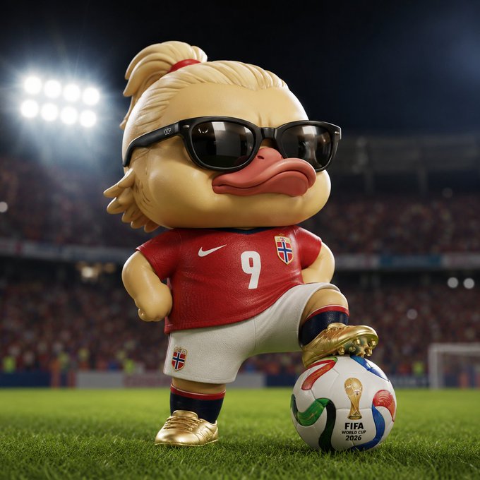A 3D rendered cartoonish duck character wearing sunglasses, a red #9 jersey with a Norwegian flag, and gold cleats, standing on a soccer ball labeled 'FIFA WORLD CUP 2026' in a stadium.