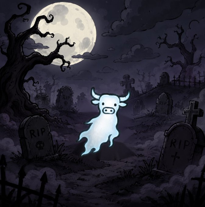 A cartoon-style illustration depicts a small white ghost cow with horns floating in a dark graveyard at night, with a full moon, gnarled trees, and gravestones marked 'R.I.P.' in the background.