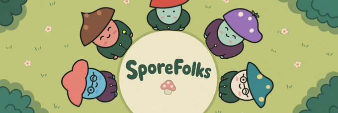 A colorful cartoon banner featuring cute mushroom characters wearing hats arranged in a circle around the text 'SporeFolks' on a green background.