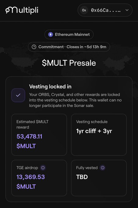 A crypto presale dashboard for $MULT showing an Ethereum Mainnet commitment closing in ~5d 13h 9m, with an estimated reward of 53,478.11 $MULT and a TGE airdrop of 13,369.53 $MULT.