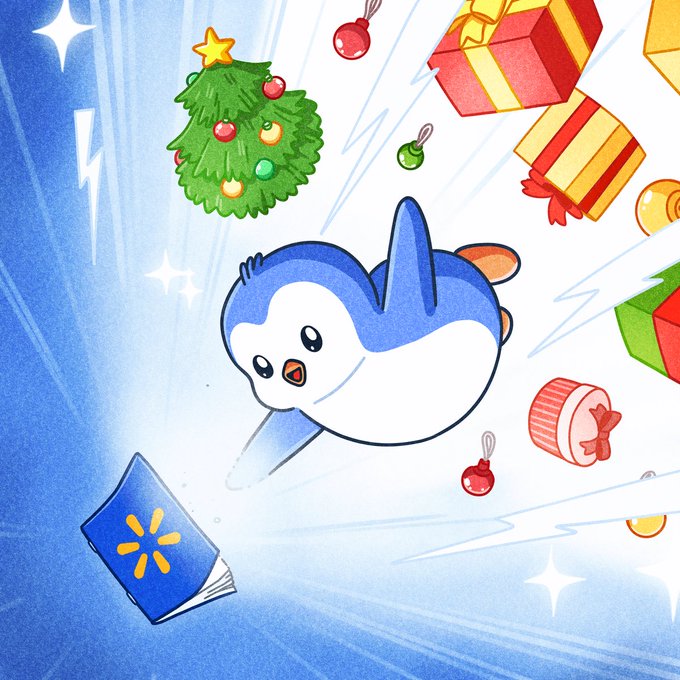 A cartoon illustration of a blue and white penguin mascot surrounded by Christmas gifts, ornaments, and a Walmart logo on a book.