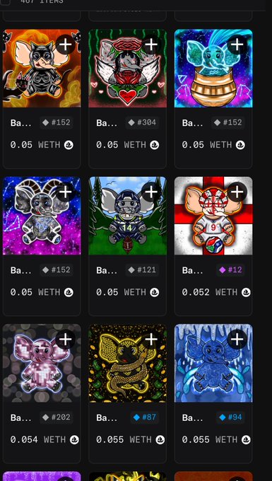 A screenshot of an NFT marketplace displaying various collectible character cards priced in WETH (around 0.05 WETH each), featuring different artistic styles and creatures.