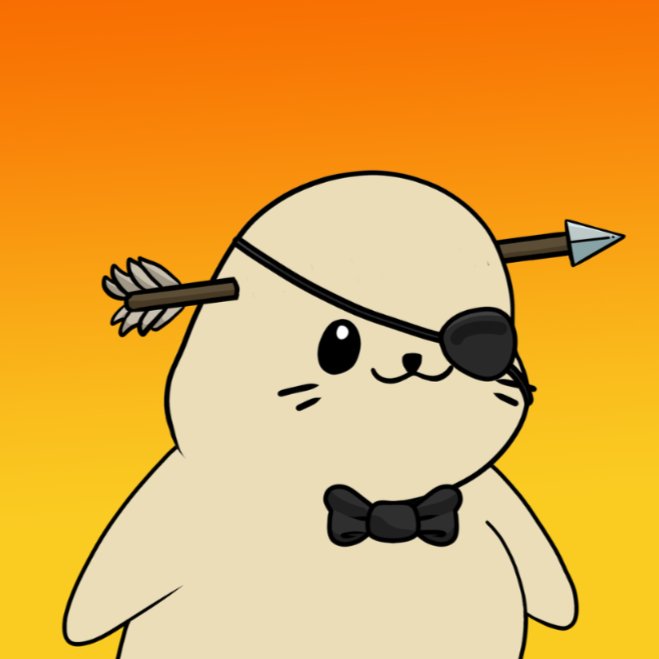 A cute, simple cartoon illustration of a light cream-colored seal-like character with an eye patch, a bow tie, and an arrow piercing through its head against an orange-to-yellow gradient background.