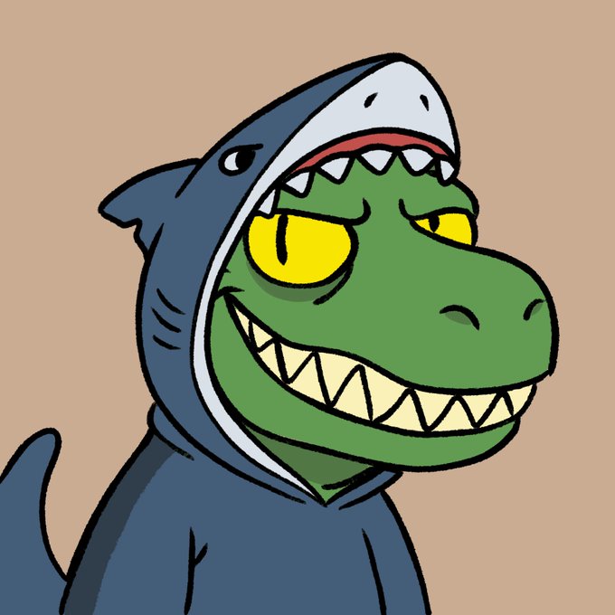 Cartoon illustration of a green dinosaur (resembling a T-Rex) wearing a gray shark hoodie with the shark's toothy mouth open above the dinosaur's grinning face, set against a plain beige background.
