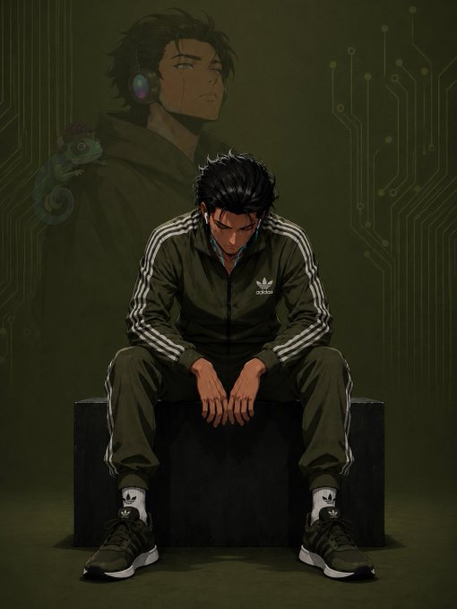 Anime-style illustration of a male character in an Adidas tracksuit sitting on a block with his head down, with a faded larger portrait and a chameleon in the background.