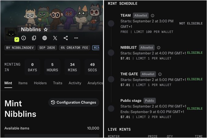 A NFT minting interface for 'Nibblins' by NIBBLINSDEV with a countdown timer showing 5 days, 34 hours, and 49 minutes remaining, alongside a mint schedule listing TEAM, NIBBLIST, THE GATE, and Public stages.