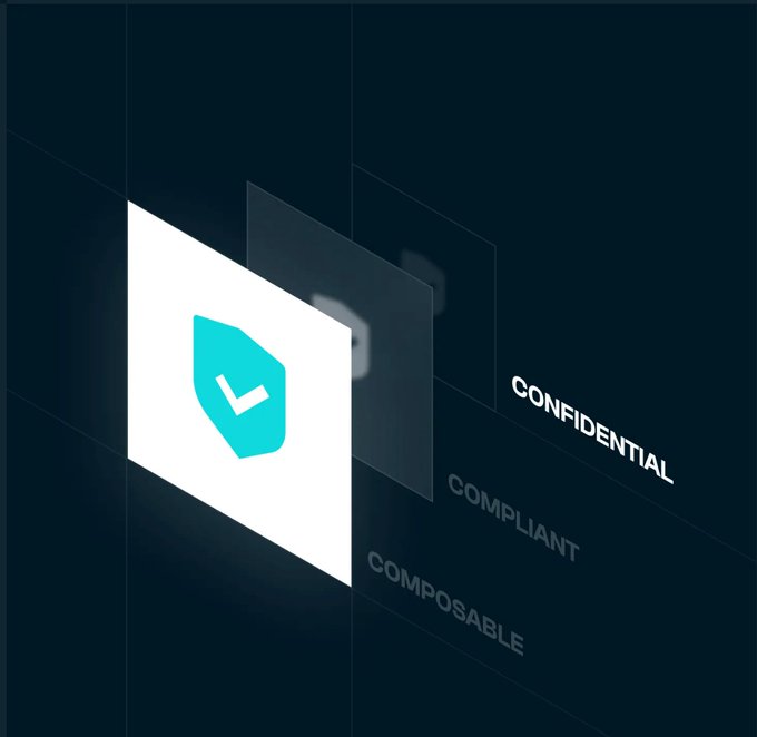 A dark marketing graphic showing a teal V-shaped logo with three layered translucent cards behind it, alongside the text labels 'CONFIDENTIAL', 'COMPLIANT', and 'COMPOSABLE'.