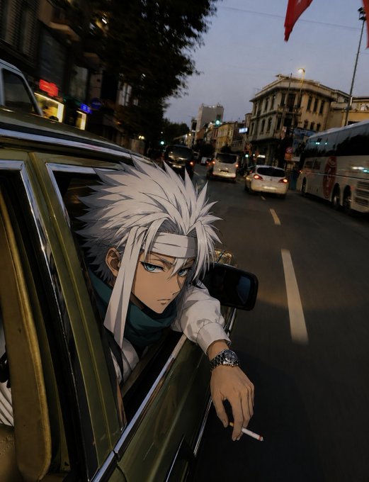 An anime-style illustration of a white-haired character with a headband leaning out of a car window holding a cigarette, composited onto a real urban street photo at dusk.
