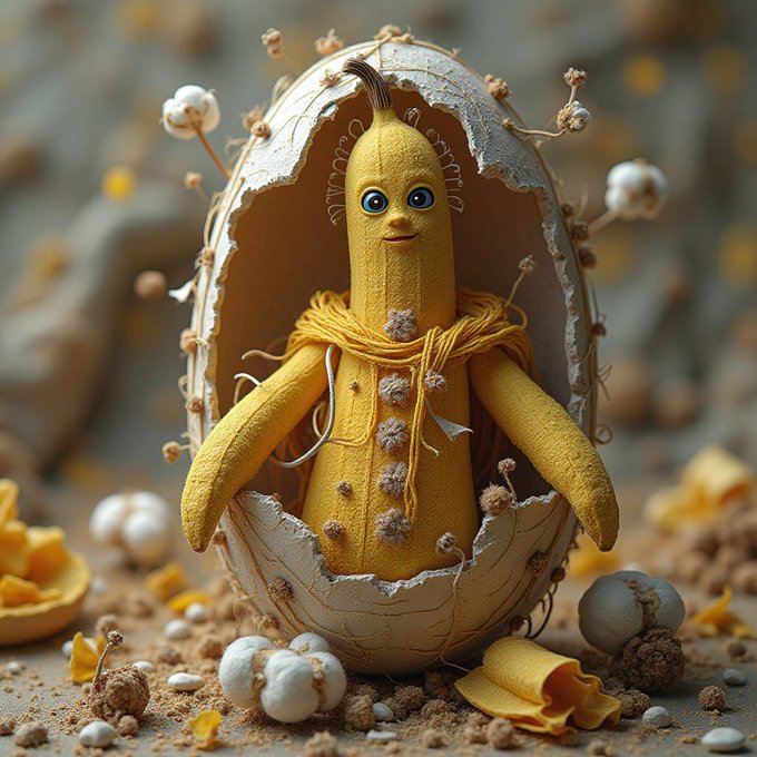 A yellow banana character with a smiling face and blue eyes emerges from a cracked eggshell, wrapped in yellow yarn, surrounded by cotton-like plants and textured debris on the ground.