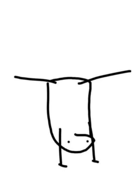 A simple black-and-white line drawing of a creature hanging upside down from a horizontal line, with its head at the bottom showing two small dot eyes and thin limbs dangling downward.
