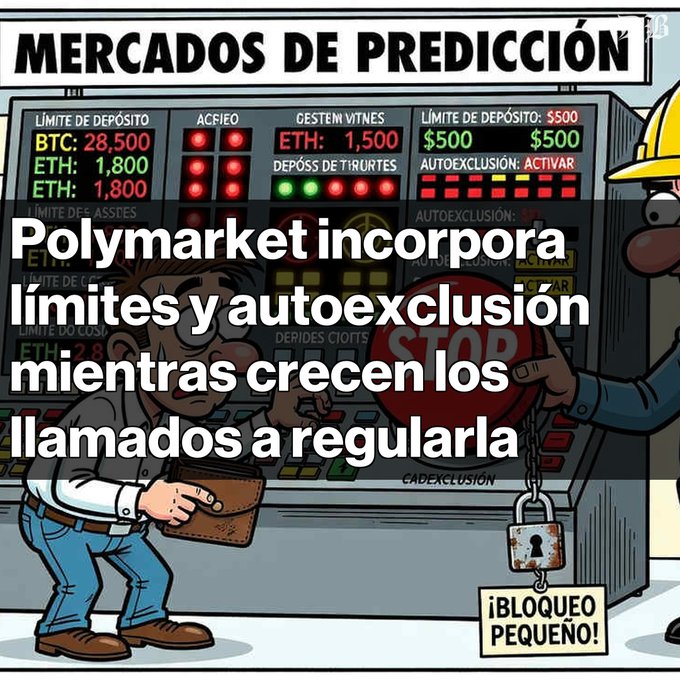A Spanish-language cartoon graphic titled 'MERCADOS DE PREDICCIÓN' shows a person at a crypto ATM with the text 'Polymarket incorpora límites y autoexclusión mientras crecen los llamados a regularla', displaying BTC: 28,500, ETH: 1,800, and a '¡BLOQUEO PEQUEÑO!' sign.