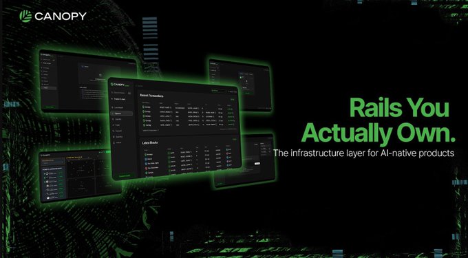 A Canopy product landing page with the tagline 'Rails You Actually Own' and subtitle 'The infrastructure layer for AI-native products', showing dashboard mockups against a green-tinted background.