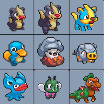 The image features a grid with nine different cartoon characters from various games, including Farmville and Pokemon. The characters are arranged in a 3x3 grid against a gray background. The caption below the image provides information about the game's current status and its connection to the @Immutable Play project.
