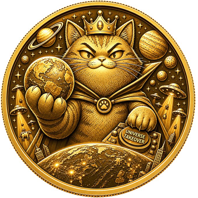 A gold commemorative coin featuring a crowned cat holding a globe, with UFOs, planets, and text reading "UNIVERSE TAKEOVER" on a podium.