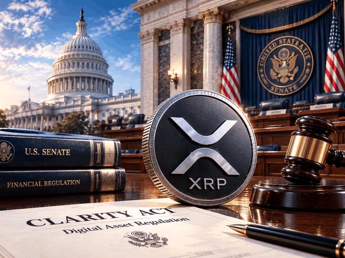 The image features an XRP coin prominently displayed alongside a gavel, U.S. Senate books, and a "Clarity Act: Digital Asset Regulation" document, with the U.S. Capitol and Senate seal in the background—visually reinforcing the post about the Clarity Act potentially receiving a second vote in the Senate regarding digital asset regulation.