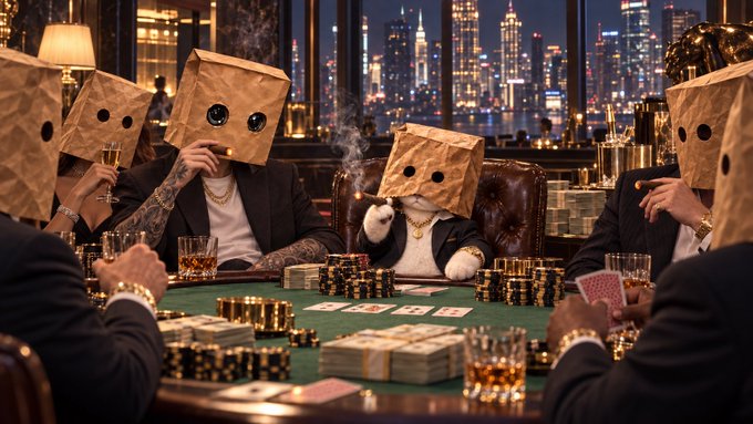Several figures and a cat sit around a poker table, all wearing paper bags with cut-out eye holes over their heads, with stacks of chips and cash scattered across the green felt.