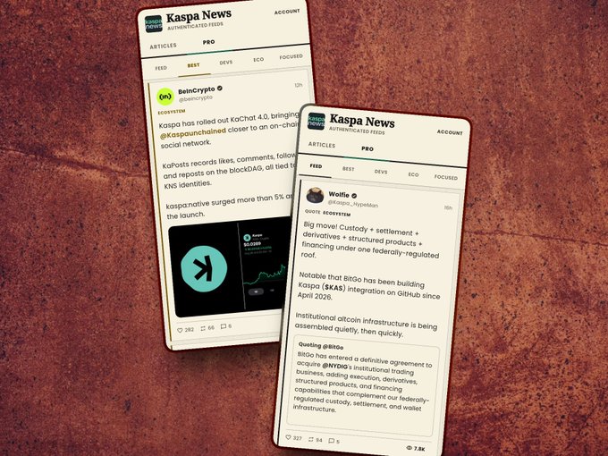 Two smartphones displayed on a reddish textured surface showcase the "Kaspa News" app, featuring articles from BeInCrypto about the Kaspa network and the KRC20 ecosystem, alongside a Wolfie post titled "Big move! Custody + settlement + derivatives + structured products + financing under one federally-regulated roof," which discusses BitGo's (NYSE: $NYDG) institutional integration with Kaspa ($KAS) on GitHub since April 2026 — visually representing a curated, chronological feed of Kaspa-related news and ecosystem developments.