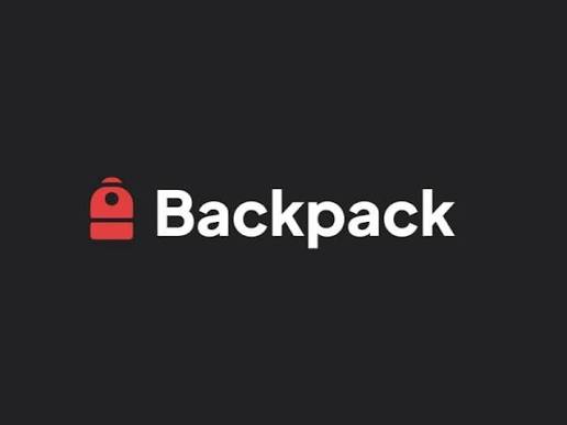 The image features a logo for a backpack company named "Backpack" written in white letters against a black background. The text reads "Backpack", which is positioned at the center of the image, with the word "Backpack" written in all capital letters. Below this, there's an illustration of a red backpack with a white tag attached to it. The entire logo and its accompanying elements are set against a black background, making them stand out prominently.