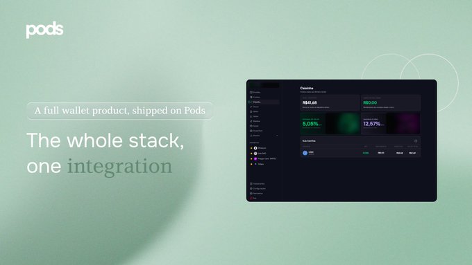 A promotional graphic for 'pods' with a green gradient background, featuring the tagline 'The whole stack, one integration' and a screenshot of a digital dashboard displaying cryptocurrency prices including USUALAB at R$0.00 with changes of 5.05% and 12.57%.