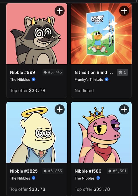The image displays an NFT collection showing three Nibbles (#999 ranked #5,745; #3825 ranked #6,365; #1586 ranked #2,591), each with a top offer of $33.78, alongside a "1st Edition Blind Box" from Franky's Trinkets, visually representing the user's claim of three new Nibbles and the trinket received after burning tokens.