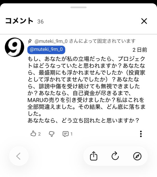 A Japanese YouTube comment pinned by @muteki_9m_0 discussing the MARU project investment, asking viewers how they would have handled the situation.