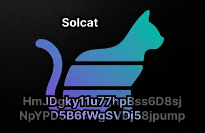 A stylized cat logo labeled "Solcat" with a wallet address (HmJDgky1lu77hpBss6D8sjNpYPD5B6fWgSVDj58jpump) is displayed against a dark background, serving as promotional material for a Pump.fun livestream encouraging viewers to join and secure their positions in the project.