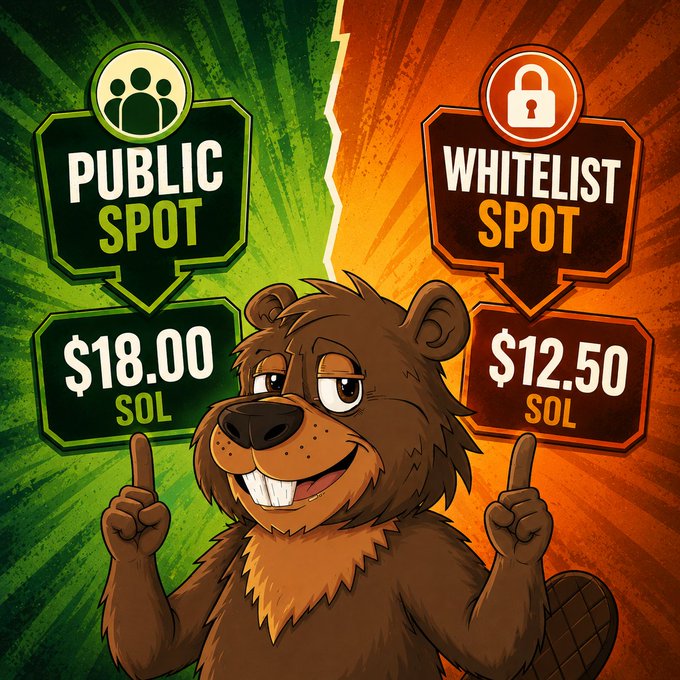 A cartoon beaver mascot points upward to two price tags: a green "PUBLIC SPOT" at $18.00 SOL and an orange "WHITELIST SPOT" at $12.50 SOL, against a split green and orange sunburst background.
