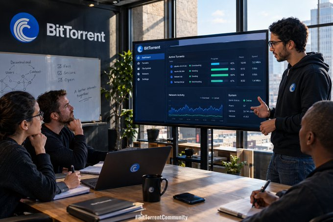 A digital illustration of a team meeting in an office with a large screen displaying the 'BitTorrent' logo and a dashboard with active torrents, network activity, and system information.