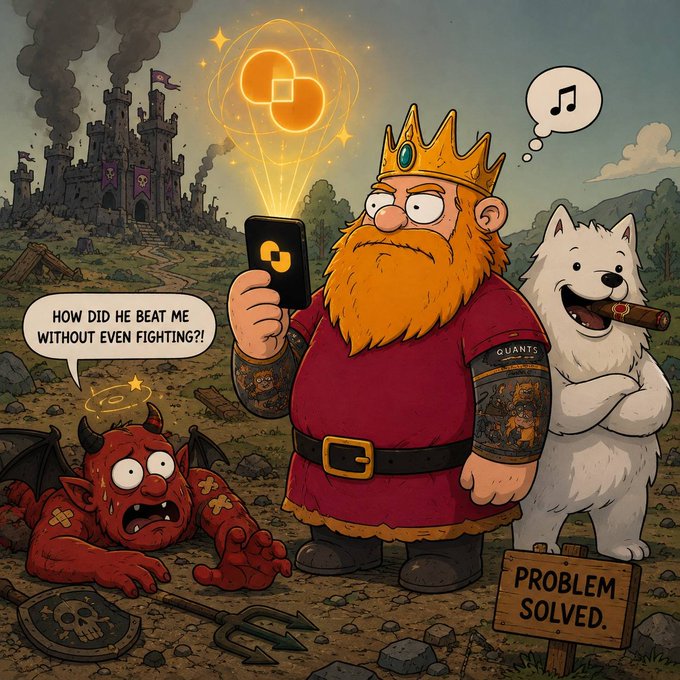 A cartoon king with a long orange beard uses his smartphone to summon a glowing "Quant" AI orb, defeating a red devil who exclaims "HOW DID HE BEAT ME WITHOUT EVEN FIGHTING?!," while a relaxed white dog (labeled "QUANTS") smokes a cigar with a music note thought bubble beside a sign reading "PROBLEM SOLVED." The meme humorously illustrates the post's message that Quant AI can outperform the market effortlessly, sparing users from the battle.