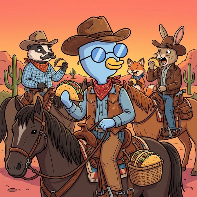 A cartoon illustration depicts anthropomorphic characters including a bird wearing glasses and a cowboy hat, a raccoon, a fox, and a rabbit, all dressed as cowboys on horseback in a desert setting, eating tacos from a basket.