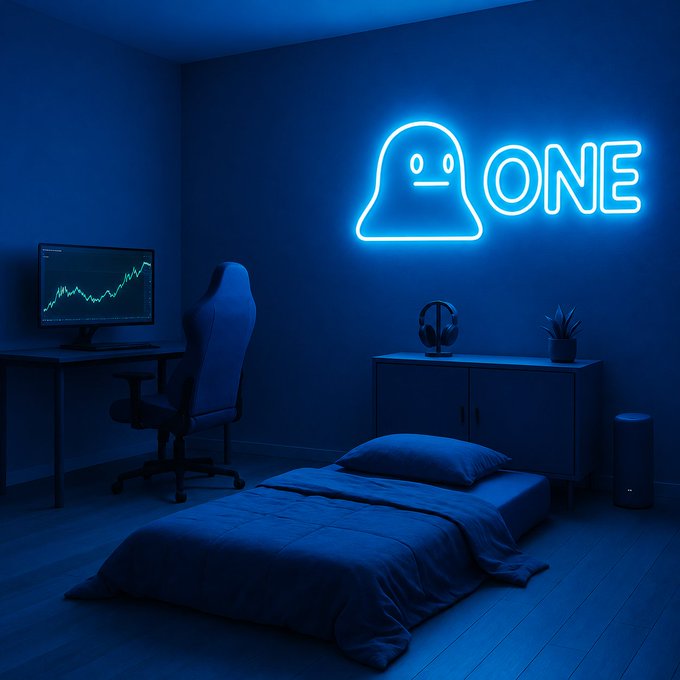 A dark bedroom illuminated by blue light features a neon sign reading 'ONE' with a character face, alongside a gaming setup with a monitor displaying a green chart.