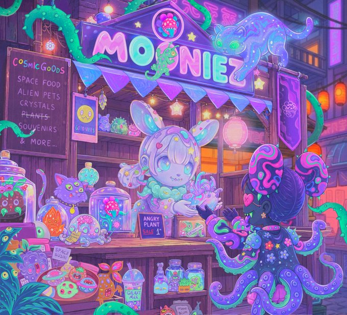 A vibrant, colorful digital illustration of a "MOONIEZ" cosmic goods shop featuring cute bunny and octopus alien creatures selling items like space food, alien pets, crystals, and plants.
