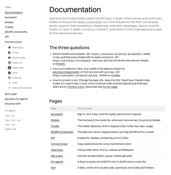 Documentation page for the absurplus API, listing endpoints like Quickstart, Models, Credits, and describing endpoints for models like Claude Code, GPT, and Gemini.
