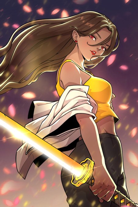 An anime-style illustration of a woman with long brown hair, red eyes, and a yellow crop top, wielding a glowing katana against a backdrop of falling pink petals.