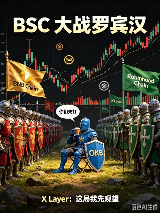 A medieval battle scene depicts two opposing armies—one under a "BNB Chain" banner and the other under a "Robinhood Chain" banner—facing off in front of a candlestick chart, while an OKB knight sits in a folding chair drinking coffee with the caption "你们先打" ("You guys fight first"), and X Layer watches from the sidelines. At the bottom, the text reads "X Layer: 这局我先观望" ("X Layer: I'm sitting this one out"). The image humorously supports the caption's claim by portraying X Layer as a passive observer rather than a participant in the BSC vs. Robinhood Chain rivalry.