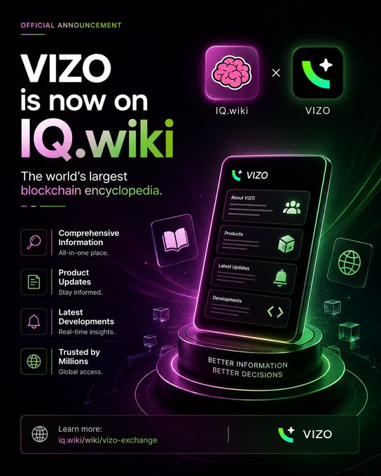 A promotional graphic announces "VIZO is now on IQ.wiki", calling it "The world's largest blockchain encyclopedia," with icons for comprehensive information and product updates.