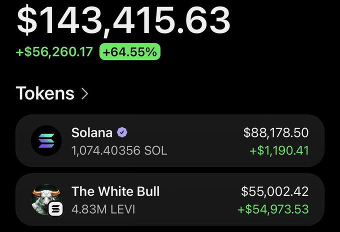 The image shows a cryptocurrency wallet balance of $143,415.63, with a listing for "The White Bull" token (LEVI) valued at $55,002.42. The accompanying post details a significant profit made on LEVI, starting with $104.