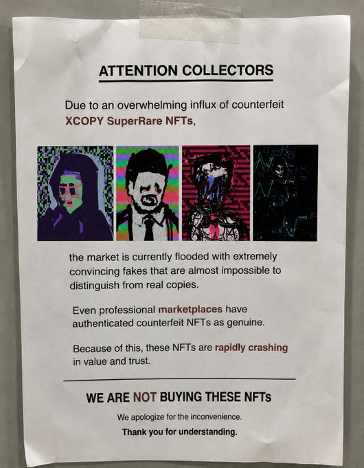 A notice addressed to "ATTENTION COLLECTORS" about counterfeit XCOPY SuperRare NFTs flooding the market, stating they are declining to buy these NFTs due to the inability to distinguish real copies from convincing fakes. The "kek" caption likely refers to the irony or absurdity (in internet slang terms) of an art piece itself being an announcement about the futility of authenticating copies of copy-able digital art.