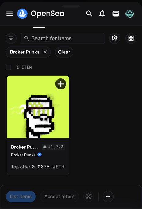 A screenshot of the OpenSea mobile app displaying a 'Broker Punks' NFT collection item with a top offer of 0.0075 WETH.