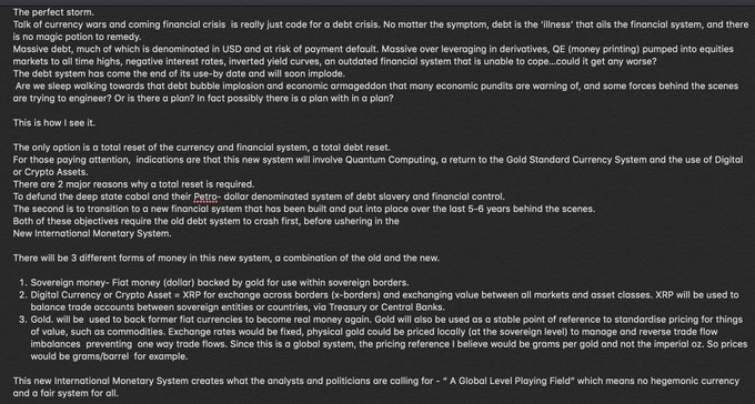 A text document titled 'The perfect storm' discussing the global debt crisis, QE, derivative bubbles, and the potential transition to a new monetary system involving Quantum Computing, Digital currencies, and a Gold Standard backed by sovereign currencies.