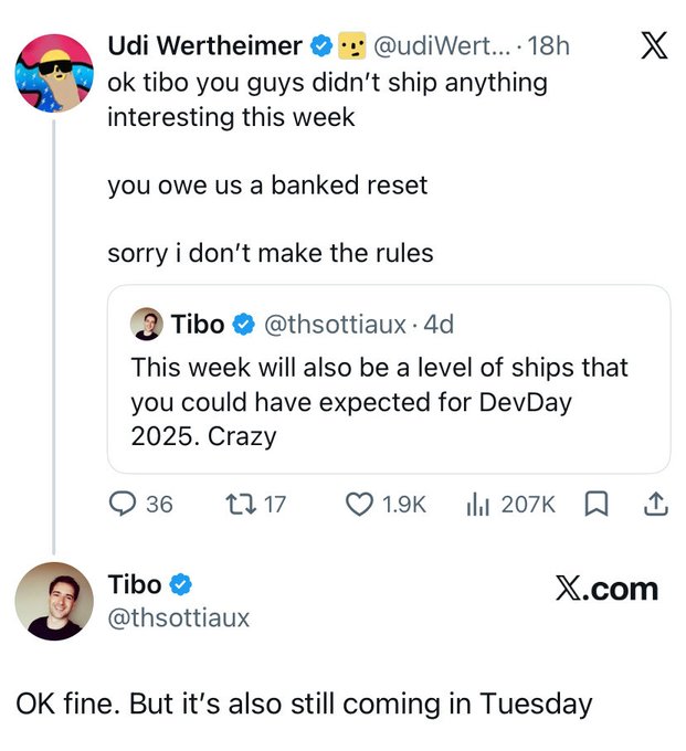 A screenshot of a social media exchange on X.com between users "Udi Wertheimer" and "Tibo" discussing shipping features and a banked reset.