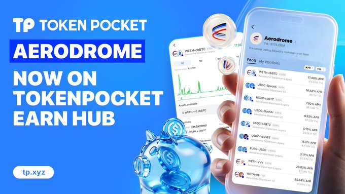 A promotional banner for Token Pocket announcing that Aerodrome is now available on TokenPocket Earn Hub, featuring a smartphone displaying liquidity pool statistics and a piggy bank illustration.