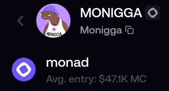 A screenshot of a cryptocurrency trading interface showing 'MONIGGA' as a token name with a hippo wearing a purple cap avatar, and below it the 'monad' network showing an average entry price of $47.1K MC.