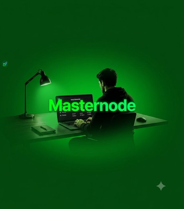 A stylized green-toned image of a person working on a laptop at a desk, with the word 'Masternode' displayed prominently in green text across the center.