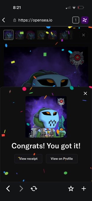 A mobile screenshot of opensea.io showing a successful NFT acquisition with the message "Congrats! You got it!" for what appears to be a CryptoPunk or similar collectible NFT.