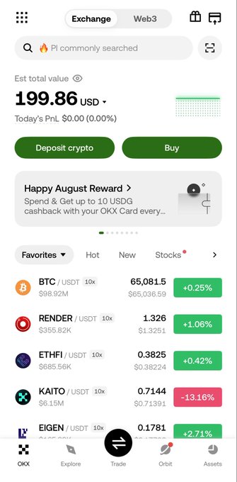A mobile screenshot of the OKX cryptocurrency exchange app showing an estimated total value of 199.86 USD, a search bar for 'PI commonly searched', and a list of cryptocurrencies including BTC/USDT, RENDER/USDT, ETHFI/USDT, KAITO/USDT, and EIGEN/USDT with their prices and percentage changes.