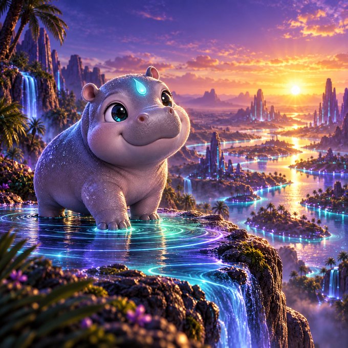 A fantasy digital artwork of a cute baby hippopotamus with a glowing blue mark on its forehead, standing in glowing water on a cliff edge with a vibrant sunset landscape and waterfalls in the background.