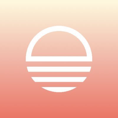 A white circular logo with a sunset design, set against a peachy gradient background, is the icon for the cryptocurrency Sunrise (SUN), referenced in the post about listing new tokens on Solana.