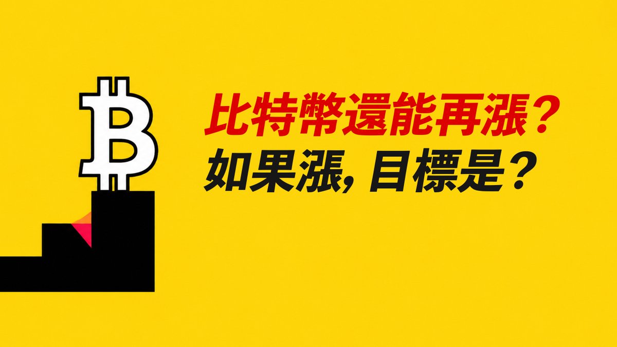 A yellow graphic featuring the Bitcoin '₿' logo on a rising bar chart, with red and black Chinese text asking '比特幣還能再漲？如果漲, 目標是？' (Can Bitcoin still rise? If so, what's the target?).