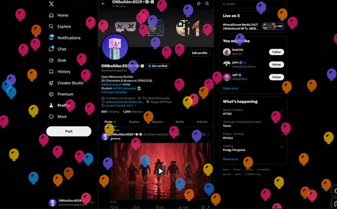 A screenshot of the X (Twitter) profile for "OMbuilder6529" with the bio "Open Metaverse Builder 3D Characters & Museums (WM3D)" showing follower metrics and a video post, overlaid with colorful location-pin graphics.